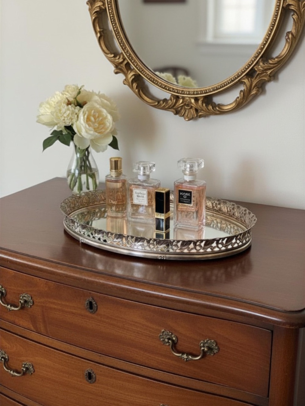 Vintage Brass Mirrored Decorative Tray - Elegant Home Bath Accent